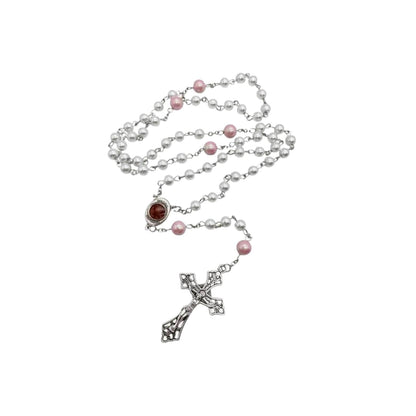 White Pearl Beads Rosary Necklace Purple Glory Beads Holy Mary Medal - Nazareth Store