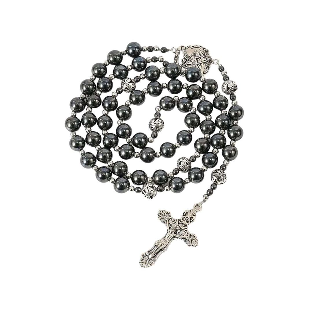 St.Michael Hematite Rosary Black Stone Beads Necklace Metal Beaded Saint Medal & Cross Nazareth Store