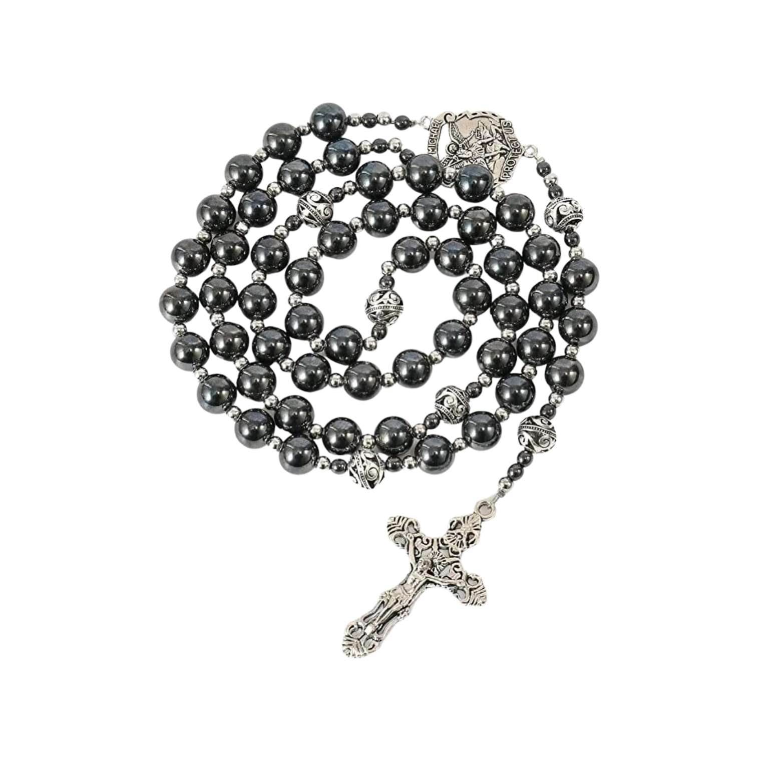 Black Stone Hematite Rosary Necklace Metal Beaded Saint Medal & Cross - Nazareth Store