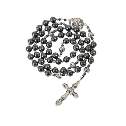 Black Stone Hematite Rosary Necklace Metal Beaded Saint Medal & Cross - Nazareth Store