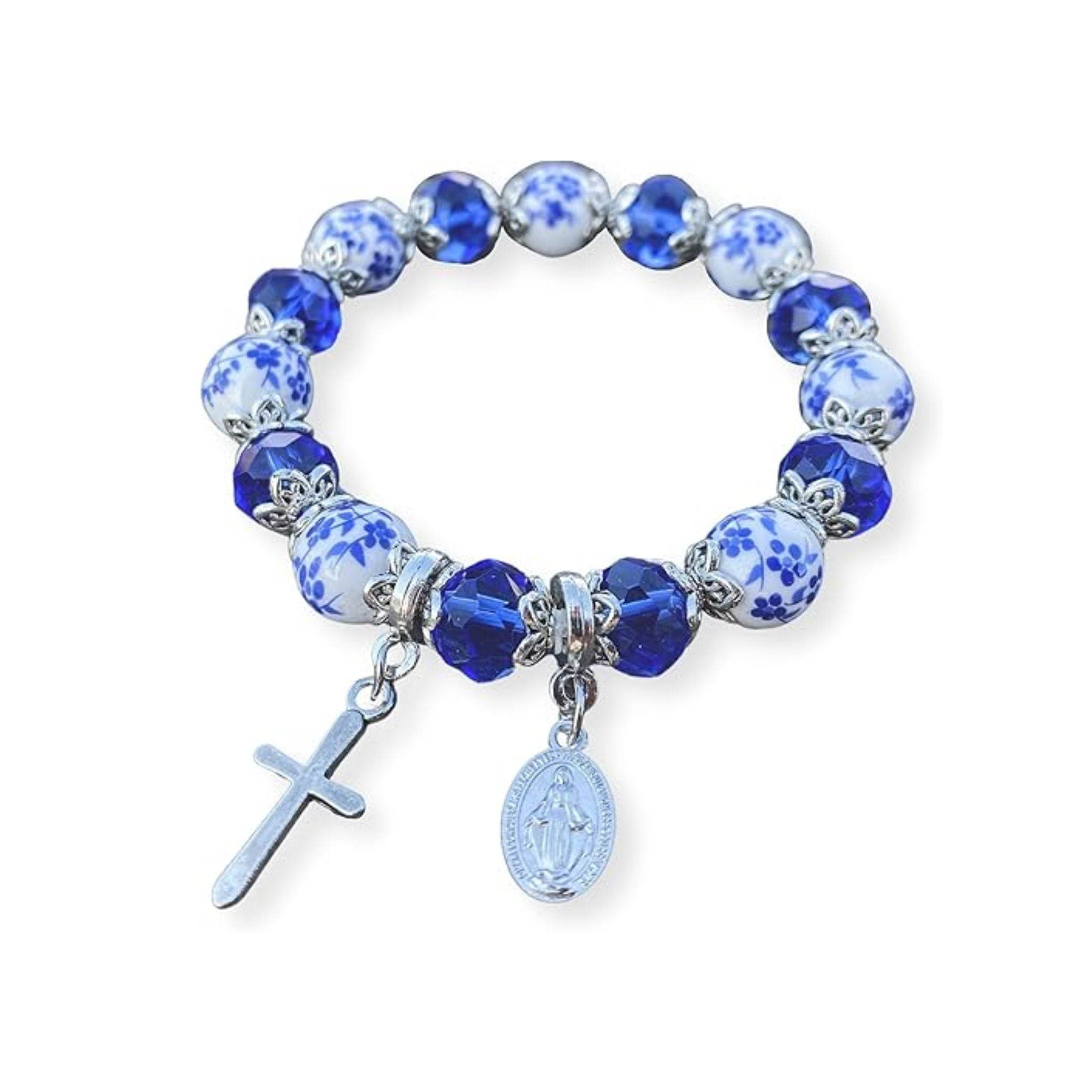 Christian Cross Bracelet Blue Crystal Beaded Stretch Rosary Bracelet - Nazareth Store