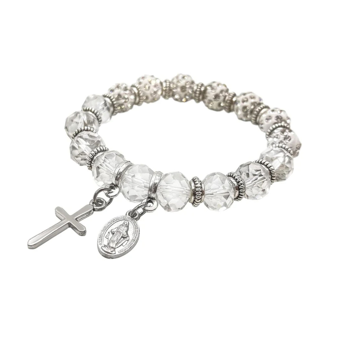 Christian Cross Bracelet White Crystal Beaded Stretch Rosary Bracelet Nazareth Store