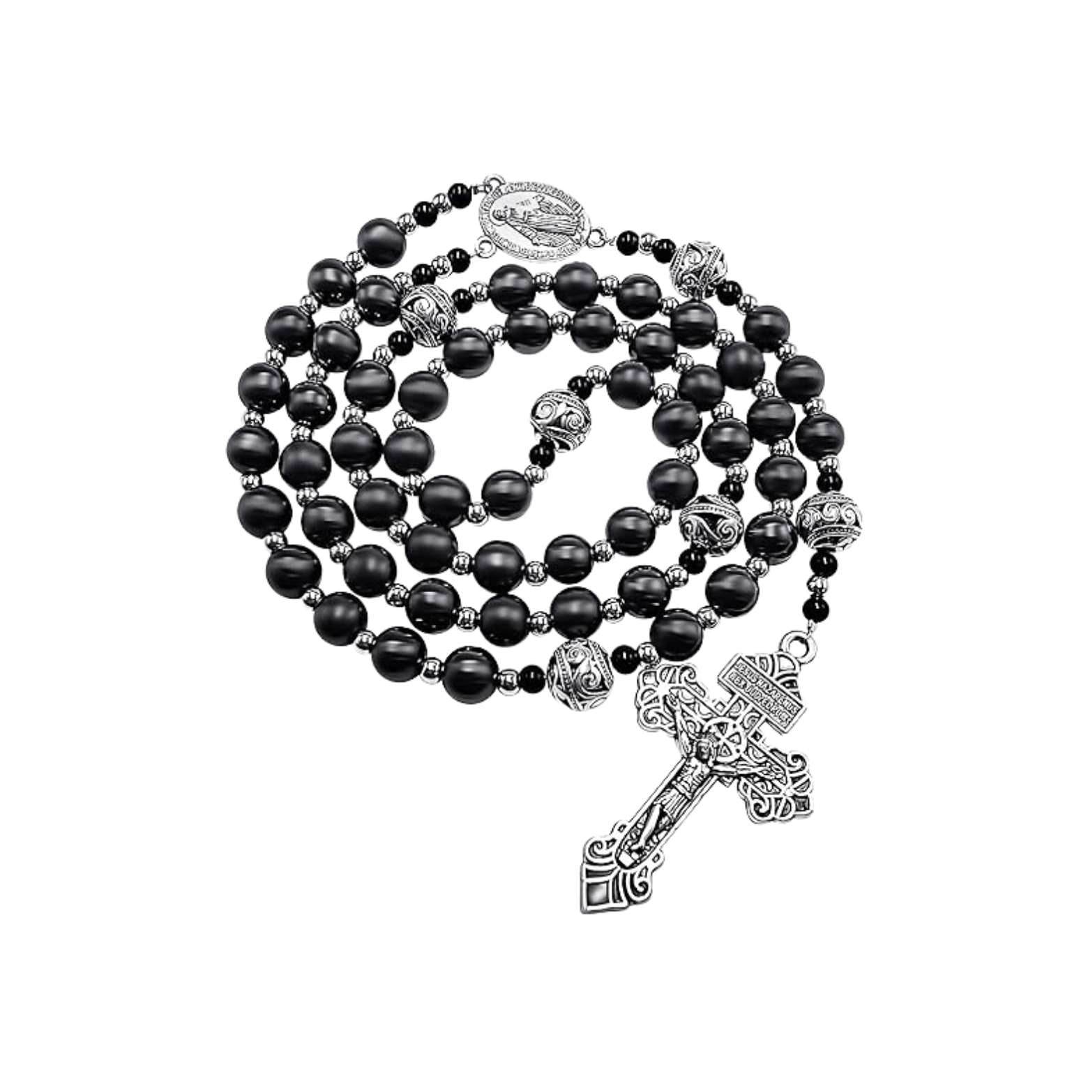 Black Hematite Beads Rosary Stainless Knotted Necklace Miraculous Medal & Cross - Nazareth Store