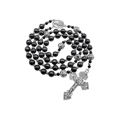 Black Hematite Beads Rosary Stainless Knotted Necklace Miraculous Medal & Cross - Nazareth Store