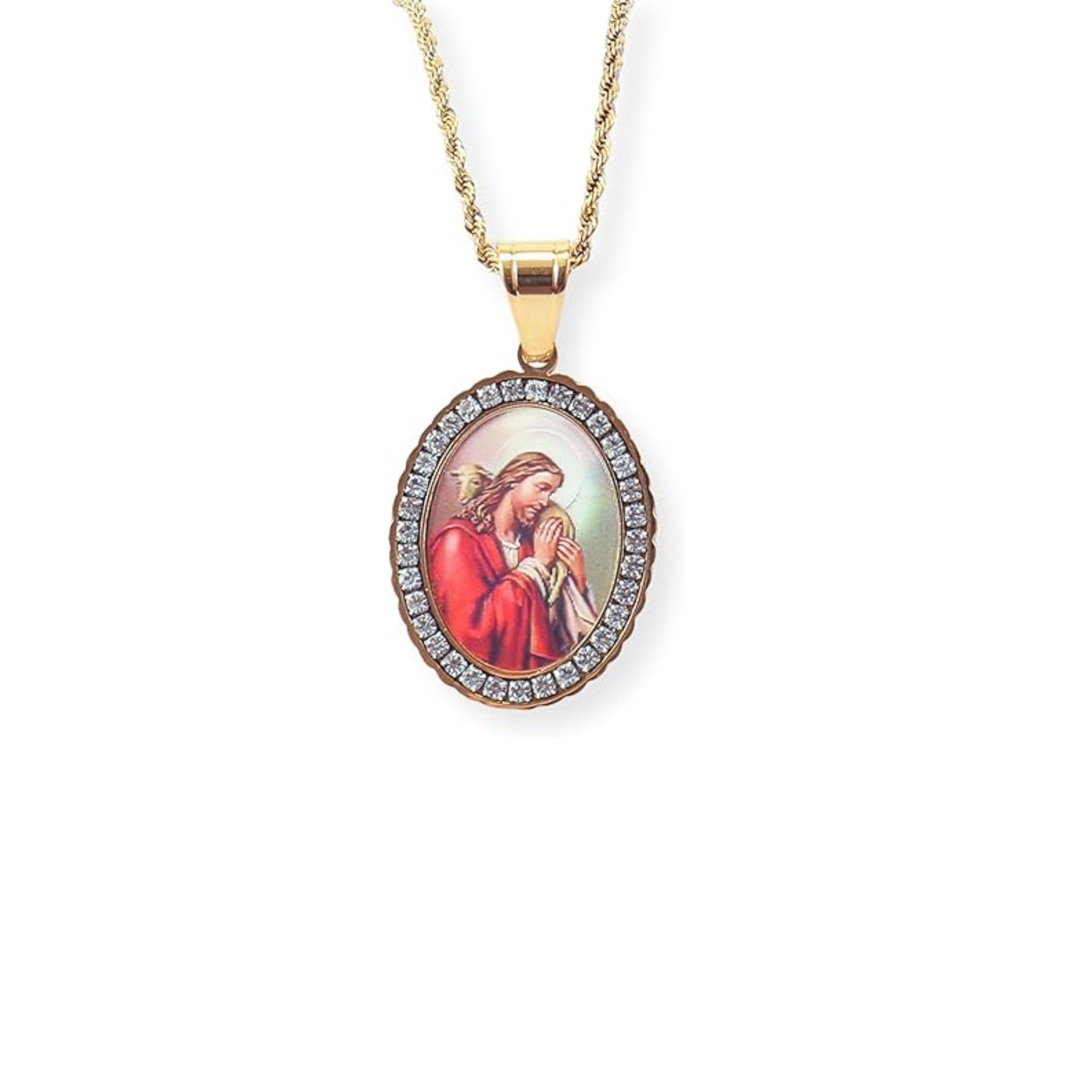 18k Gold Plated Zircon Oval Jesus with a Lamb 3D Stainless Steel Necklace Nazareth Store