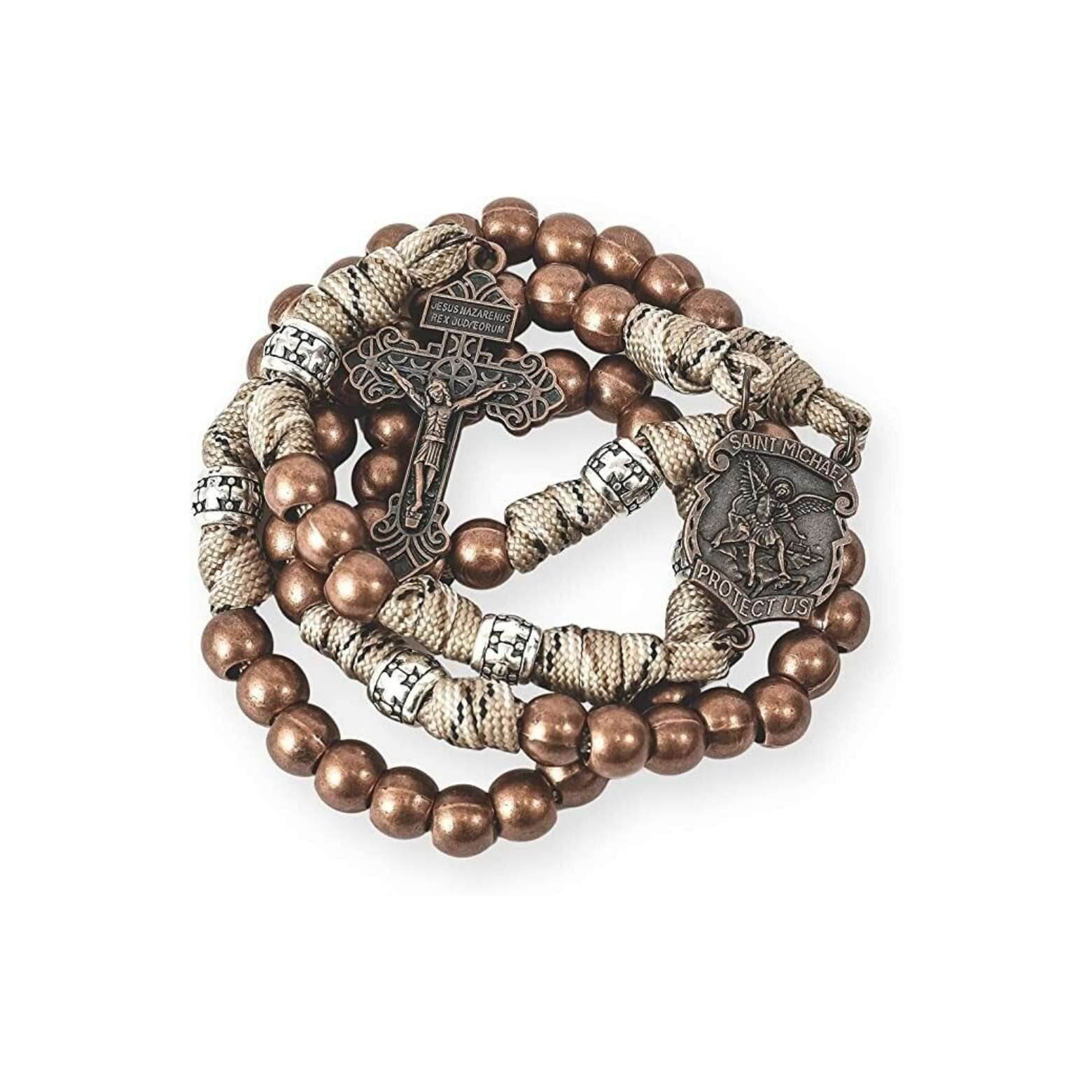 St. Michael Copper Rugged Paracord Rosary Necklace with Strong Metal Beads & Our Father Rosario - Nazareth Store