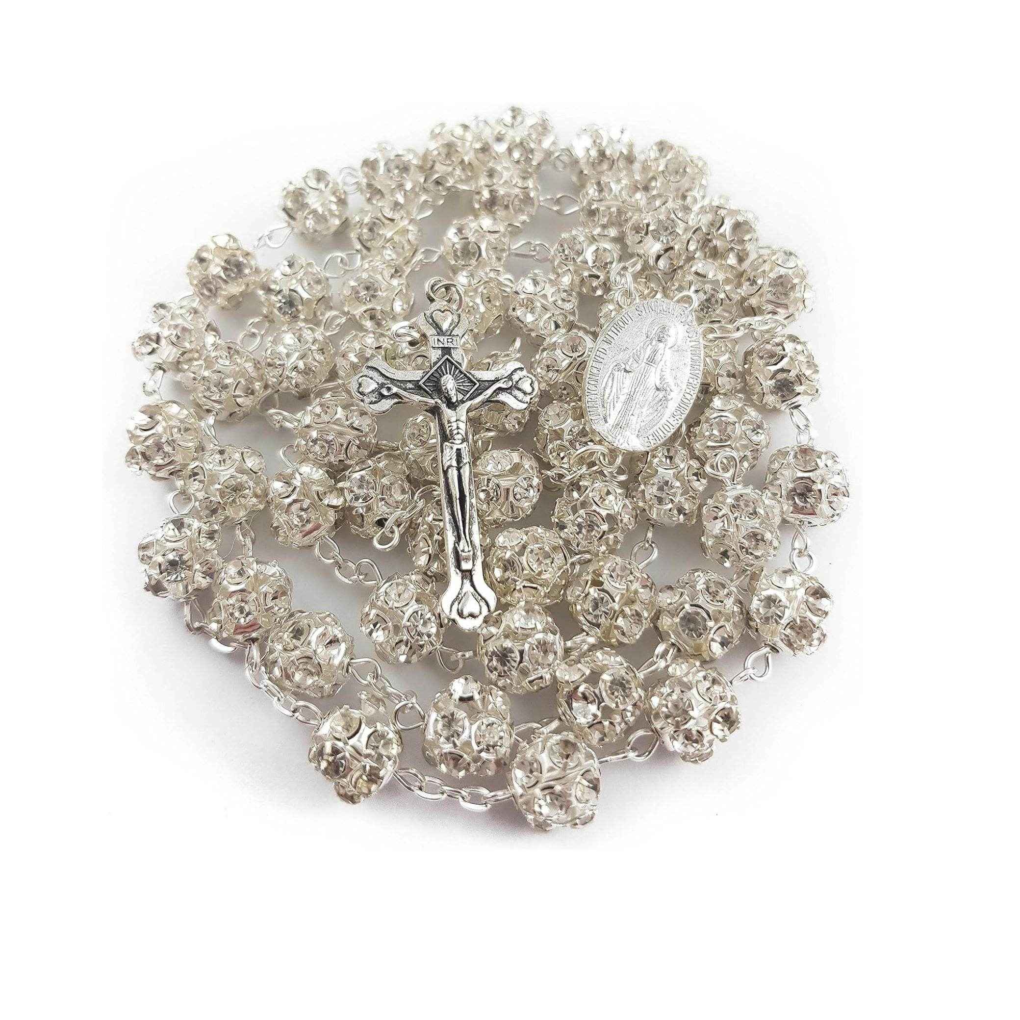 Clear Zircon Beads Rosary Catholic Necklace Miraculous Medal