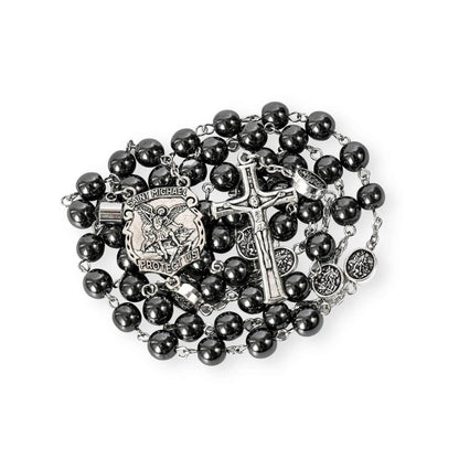 St. Michael Hematite Rosary Stone Beads with Lord’s Prayer Saint Medal & Crucifix - Nazareth Store