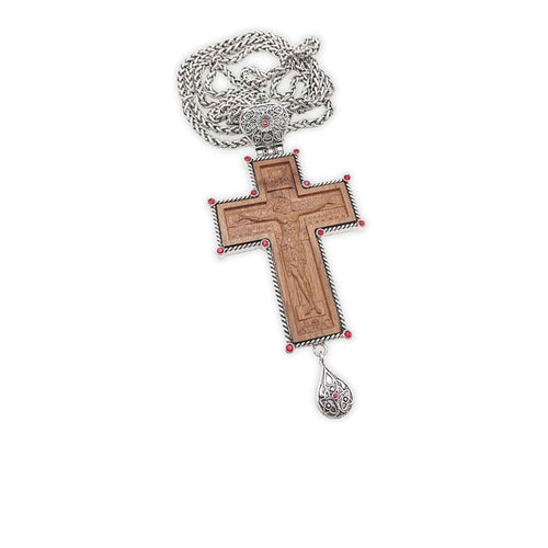 Clergy Pectoral INRI Cross Pendant Silver Crucifix with Wood Jesus 23"