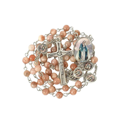 Sunstone Beads Rosary Necklace with Miraculous Epoxy Heart Metal Beads Necklace - Nazareth Store