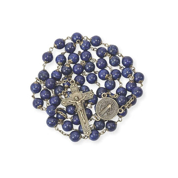 Lapis Lazuli Stone Beads Rosary  Antique Bronze Necklace St. Benedict Cross and Medal Nazareth Store