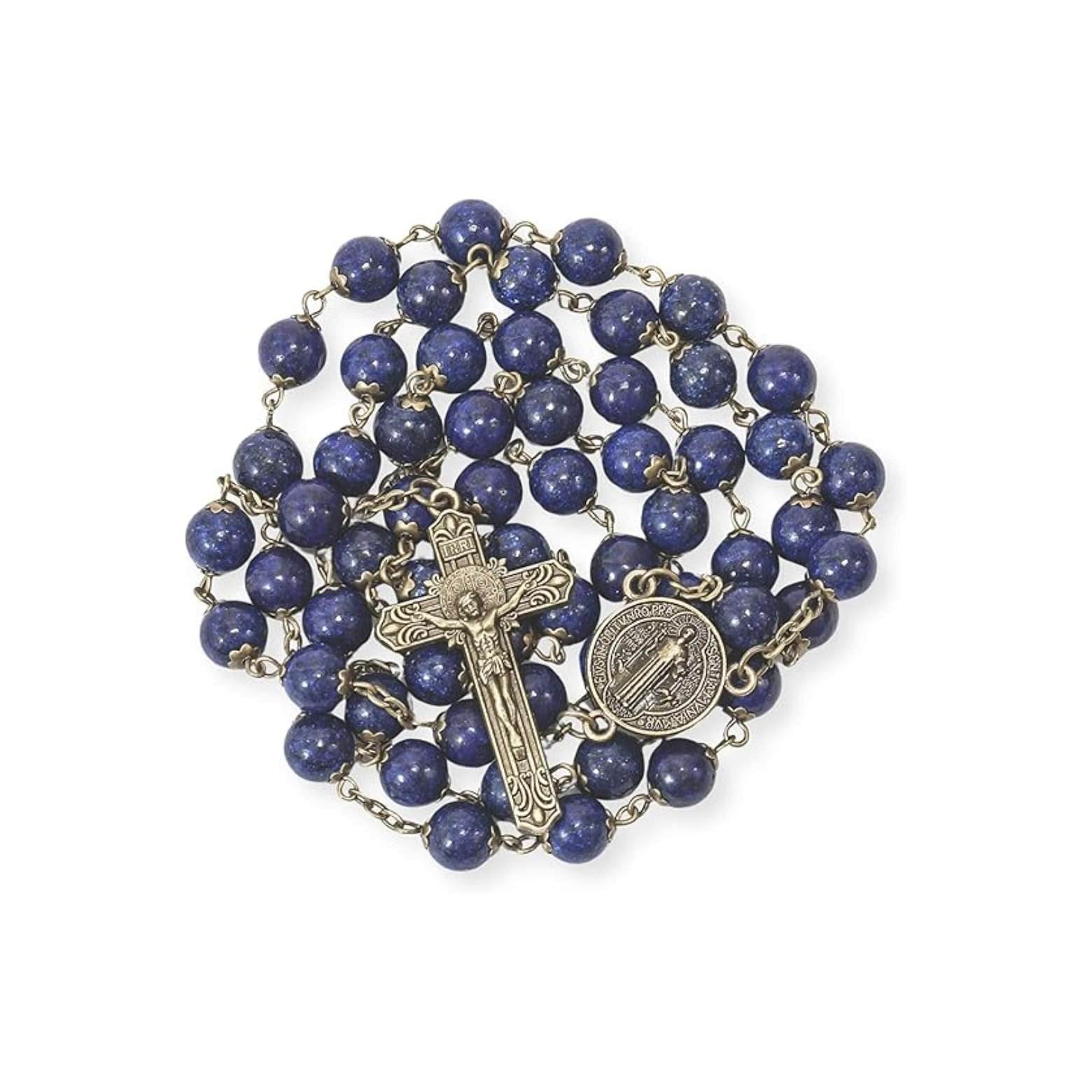 Lapis Lazuli Stone Beads Rosary Antique Bronze Necklace St. Benedict Cross and Medal - Nazareth Store