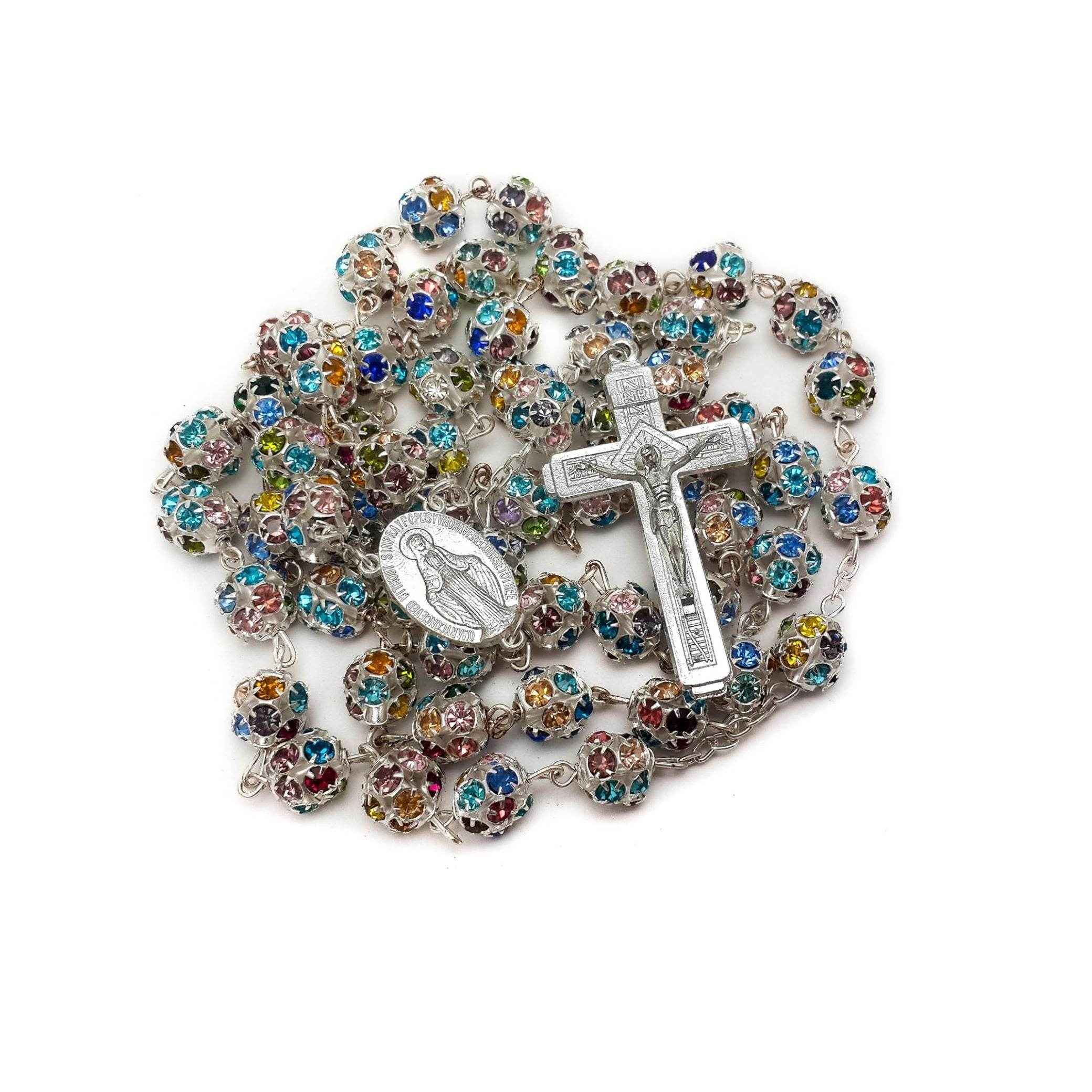 Colorful Crystal Beads Rosary Prayer Necklace Miraculous Medal & Silver Cross Crucifix