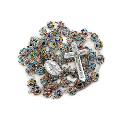 Colorful Crystal Beads Rosary Prayer Necklace Miraculous Medal & Silver Cross Crucifix