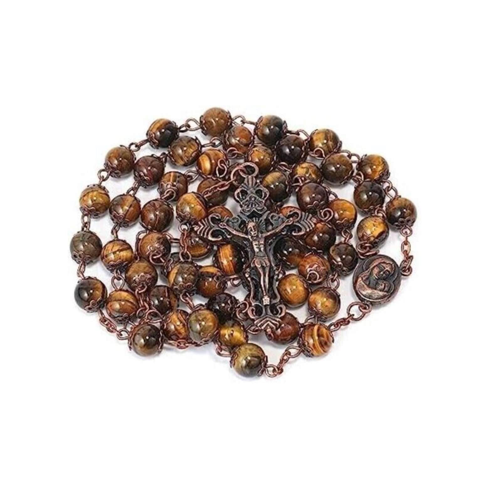 Tiger Eye Natural Stone Rosary Beads Necklace Holy Soil & Cross Crucifix - Nazareth Store