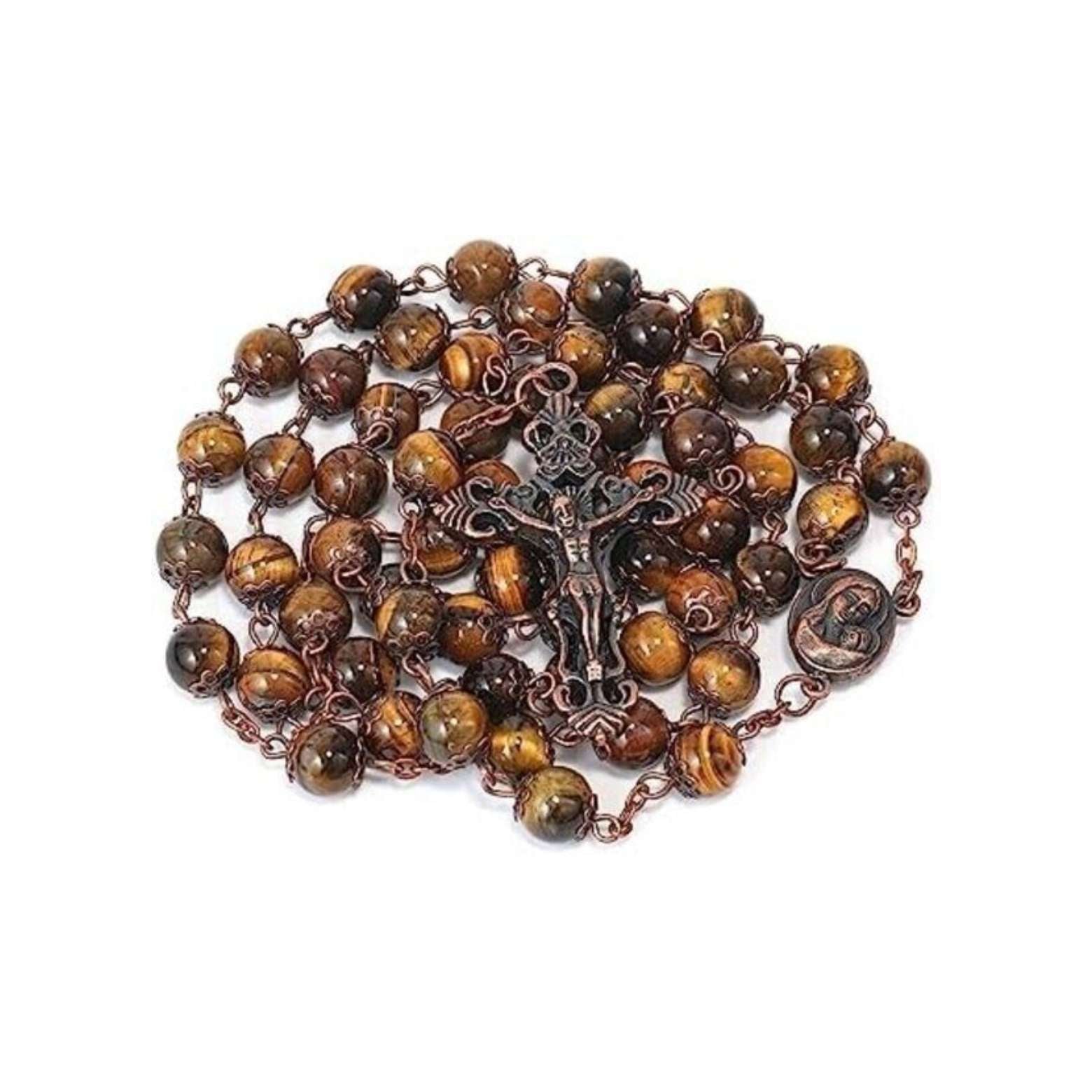 Tiger Eye Natural Stone Rosary Beads Necklace Holy Soil & Cross Crucifix Nazareth Store