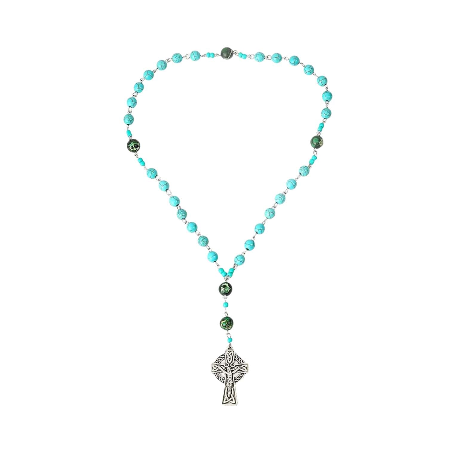 Turquoise Gemstone Beads Rosary Metal Beaded Prayer Rosary Celtic Cross Crucifix Nazareth Store