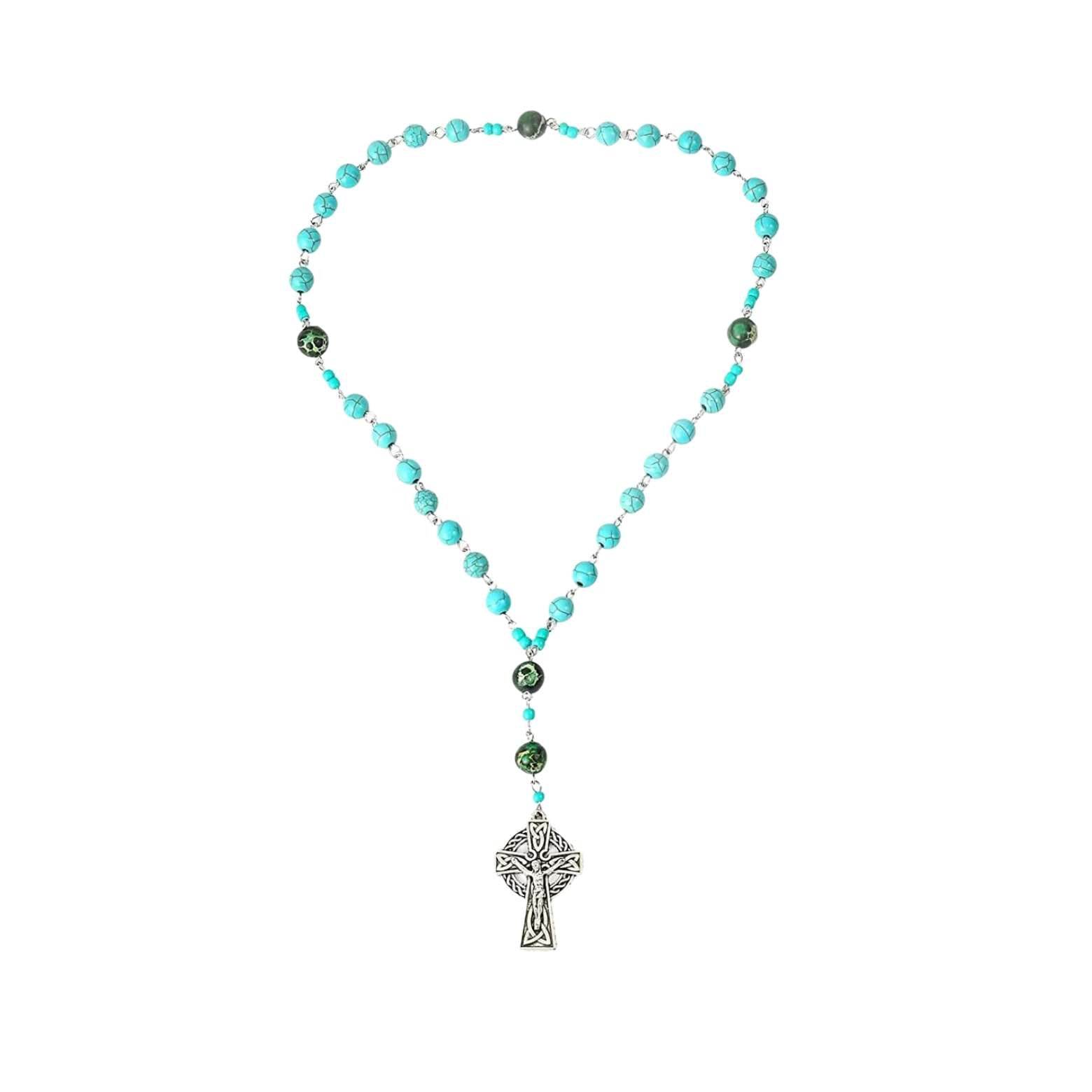 Turquoise Gemstone Beads Rosary Metal Beaded Prayer Rosary Celtic Cross Crucifix - Nazareth Store