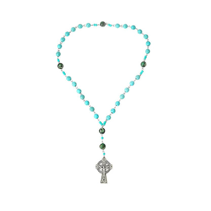 Turquoise Gemstone Beads Rosary Metal Beaded Prayer Rosary Celtic Cross Crucifix - Nazareth Store