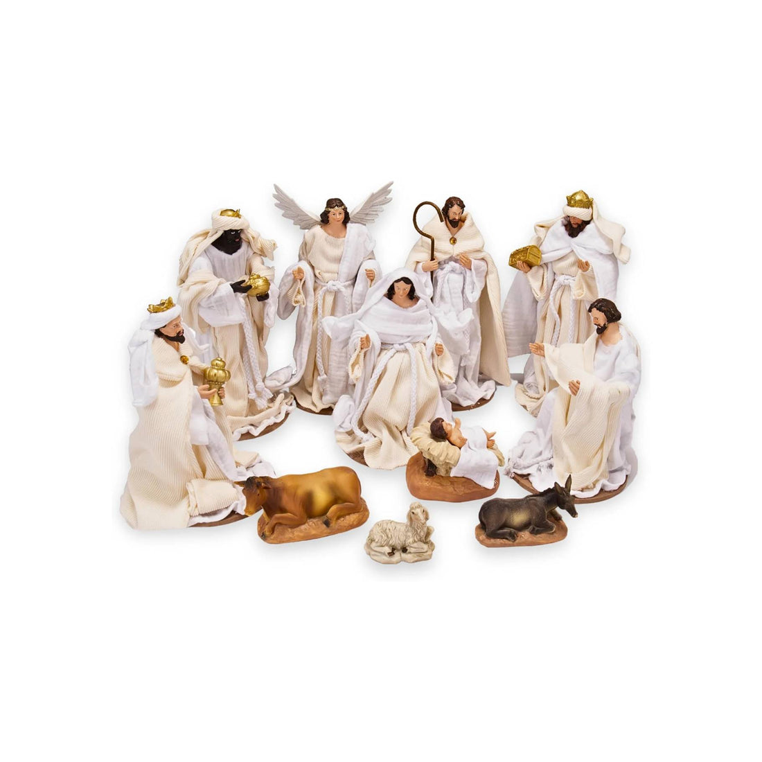 11-Piece Nativity Set Holy Family in Cotton Fabric Clothes 9.4" Resin Figurine Nazareth Store