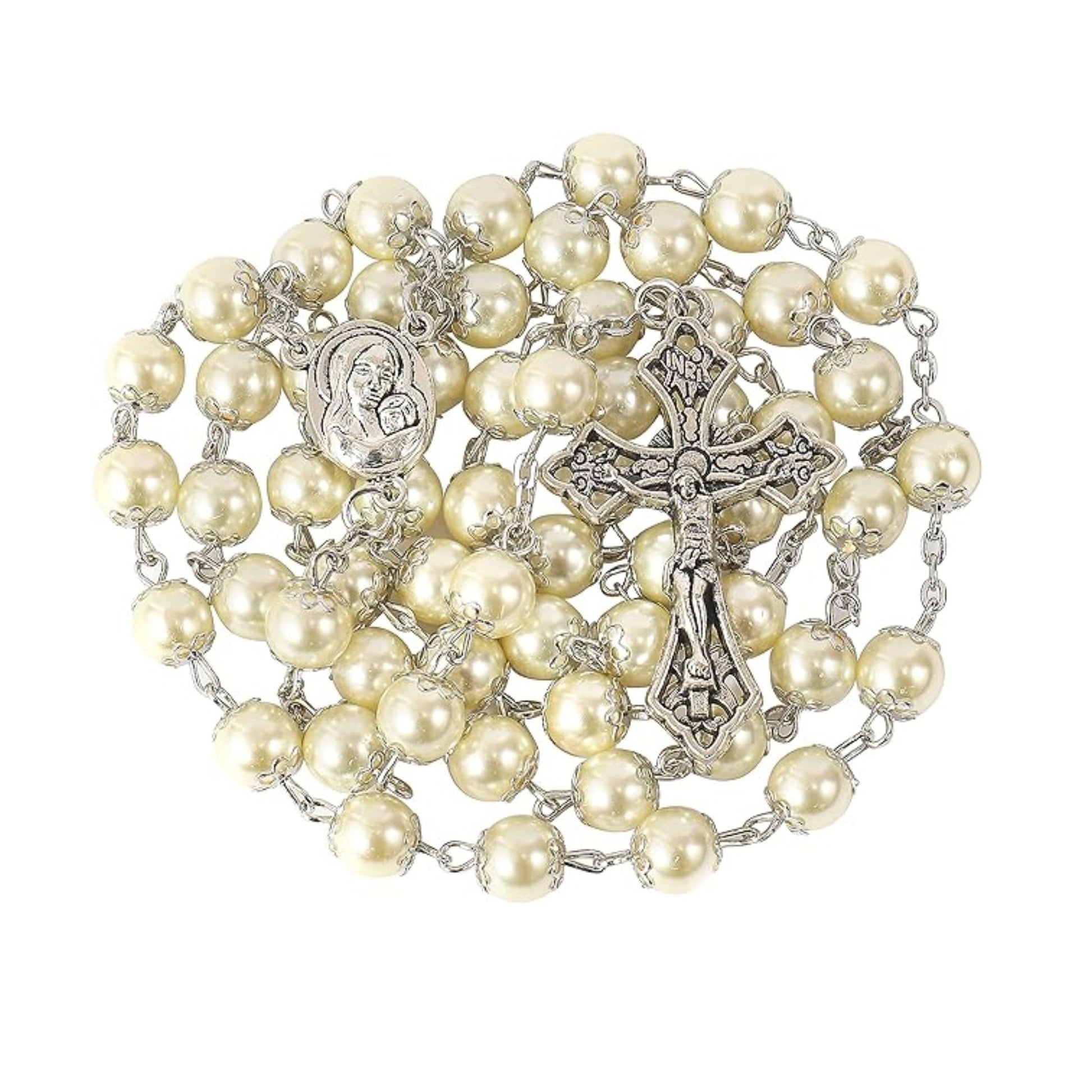 Cream Beads Pearl Rosary Chaplet Holy Soil Medal & Cross Nazareth Store