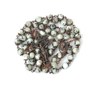 Dalmatian Jasper Natural Stone Rosary Beads Necklace Holy Soil & Cross - Nazareth Store