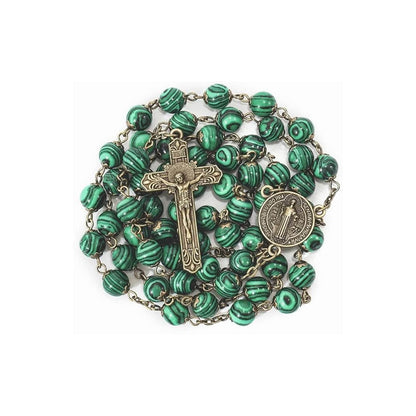 St. Benedict Malachite Antique Bronze Rosary Necklace Cross and Medal - Nazareth Store