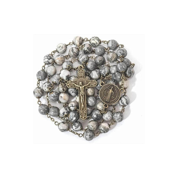 St. Benedict Map Stone Antique Bronze Rosary Necklace Cross and Medal - Nazareth Store