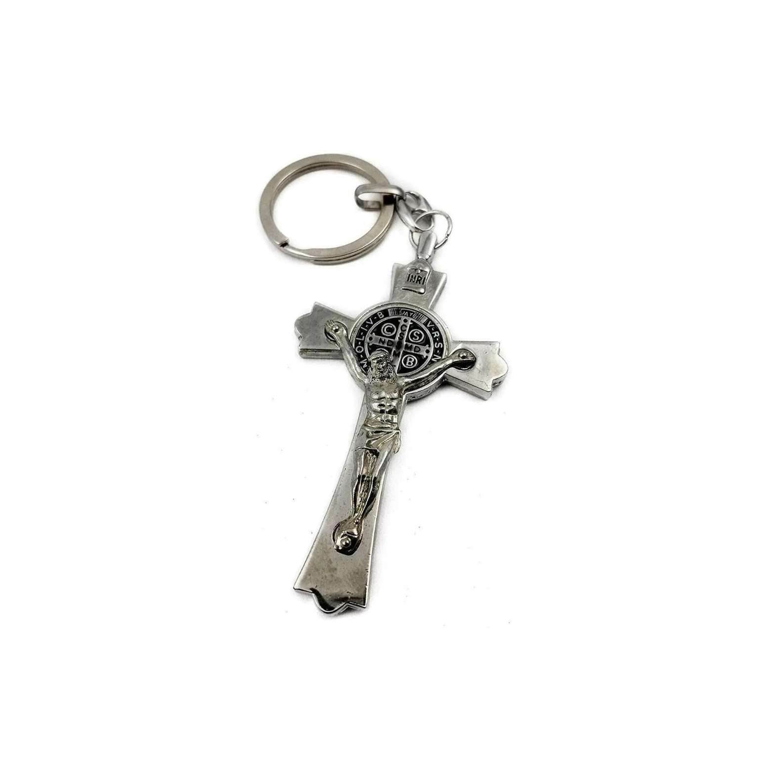 St Benedict Metal Cross Keychain Catholic Key Ring Holder - Nazareth Store