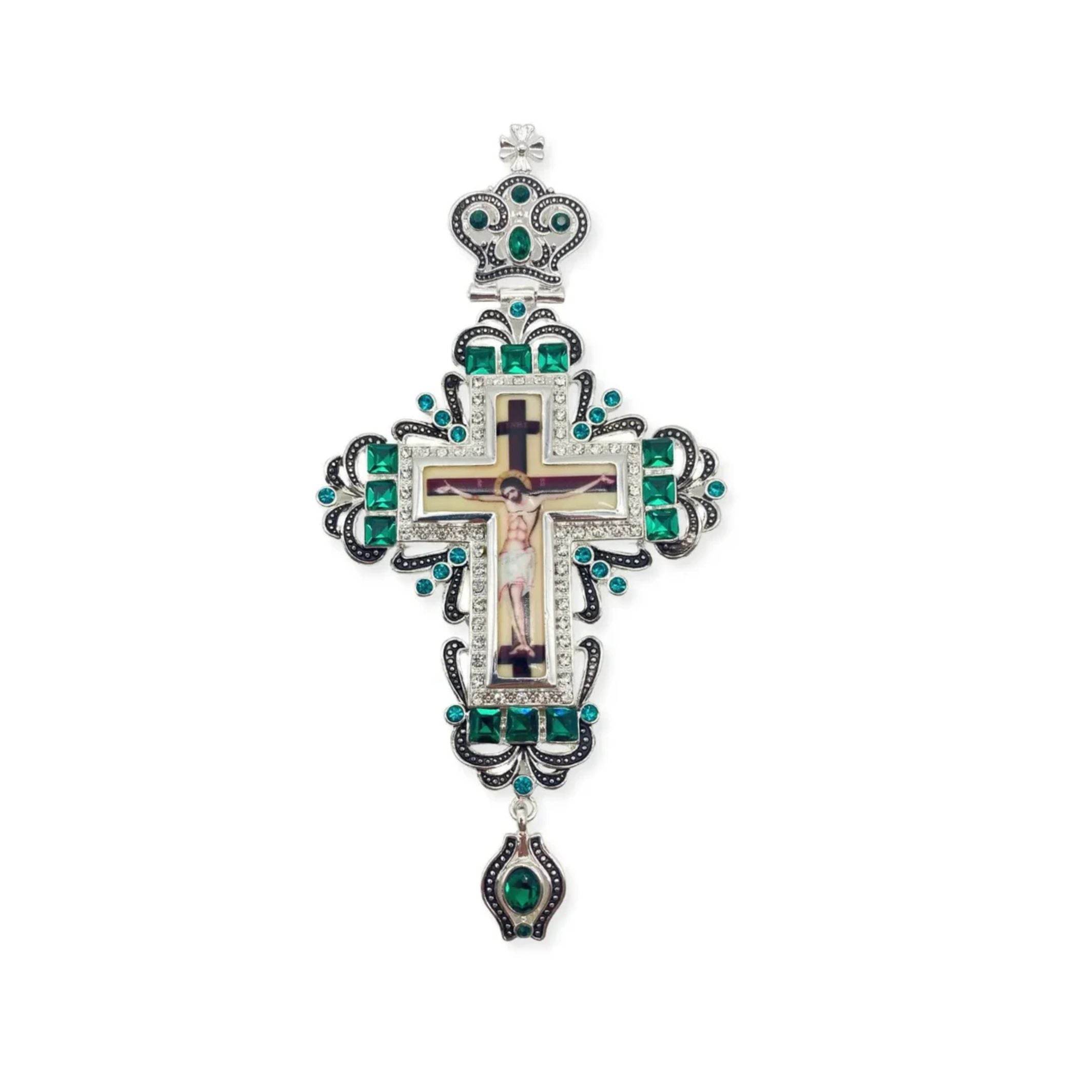 Green Crystallized Pectoral Cross Pendant Crucifix Clergy Jesus Priest Bishop Necklace - Nazareth Store