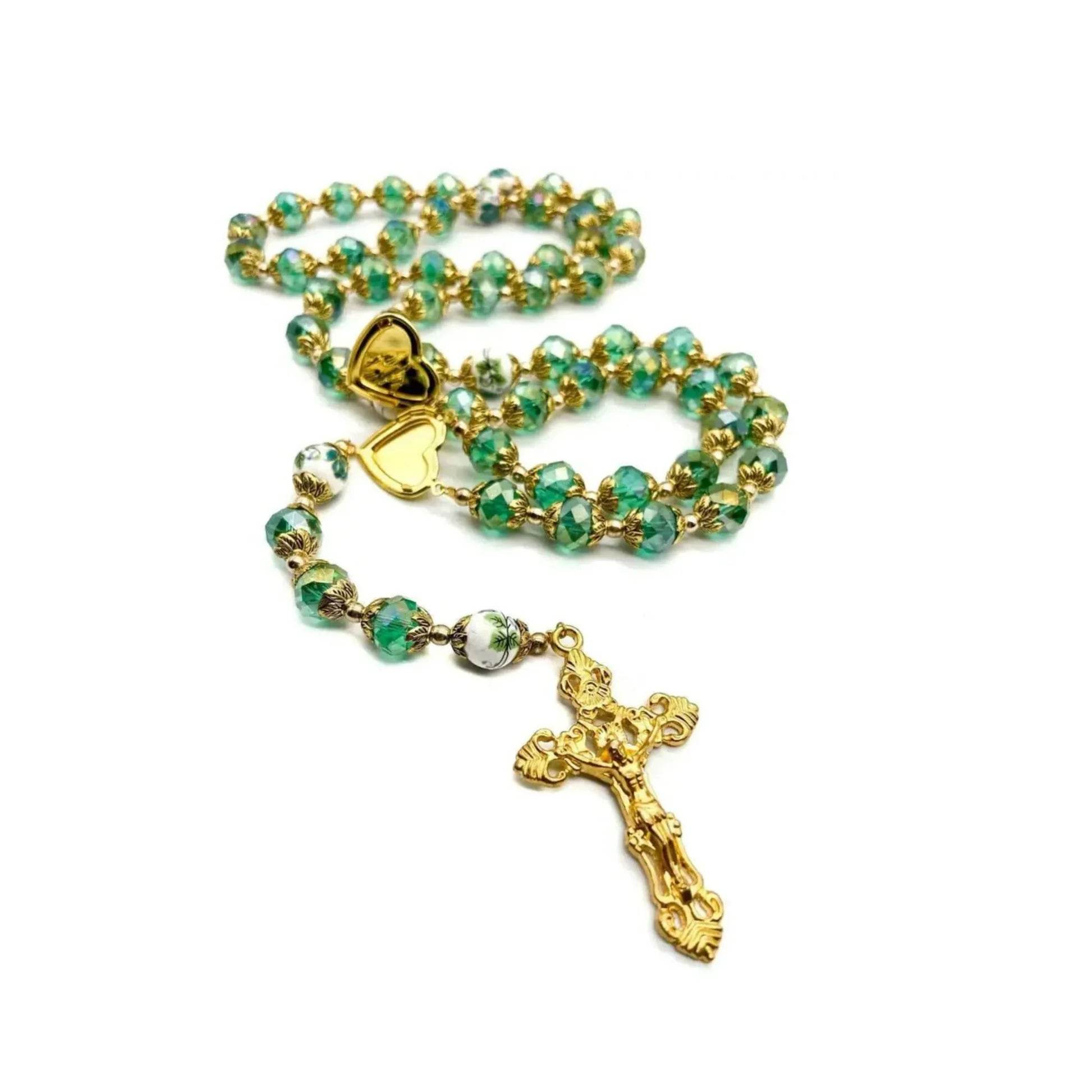 Crystal Beads Gold Flowers Beaded Rosary Necklace Miraculous Heart Locket Medal & Cross - Nazareth Store
