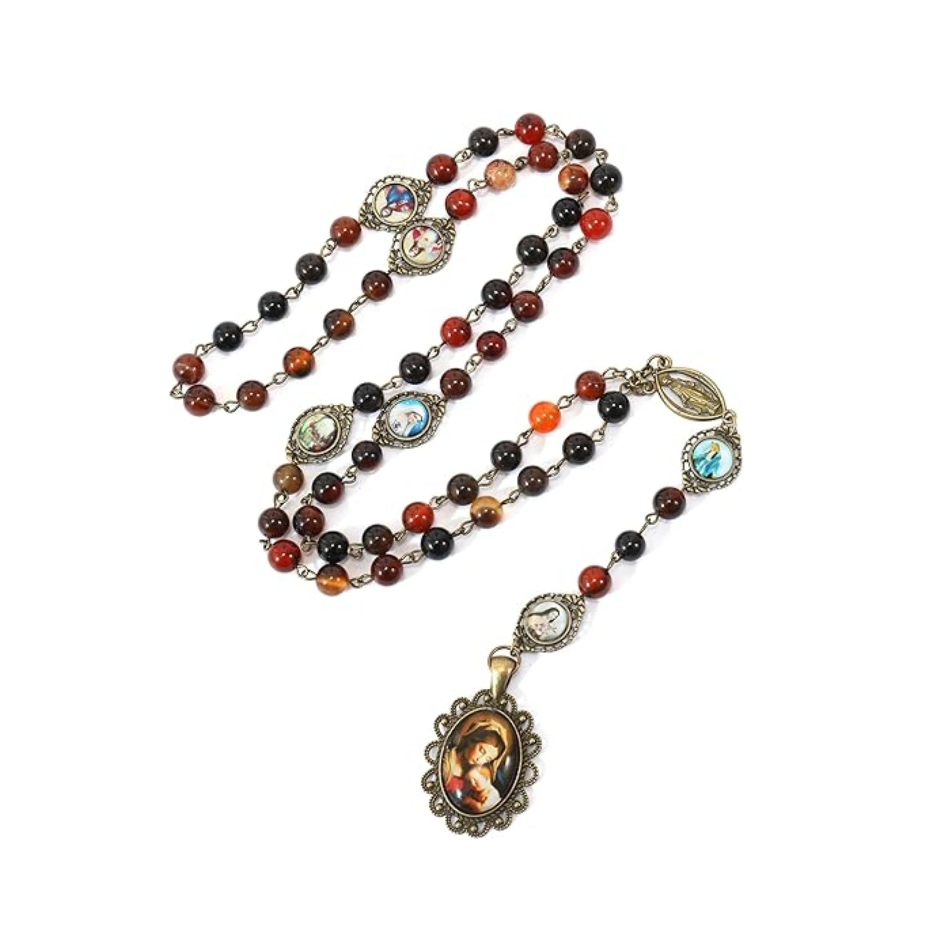 Agate Stone Beads Rosary Necklace Miraculous Medal & Holy Mary Baby Jesus Medallion 22” Nazareth Store