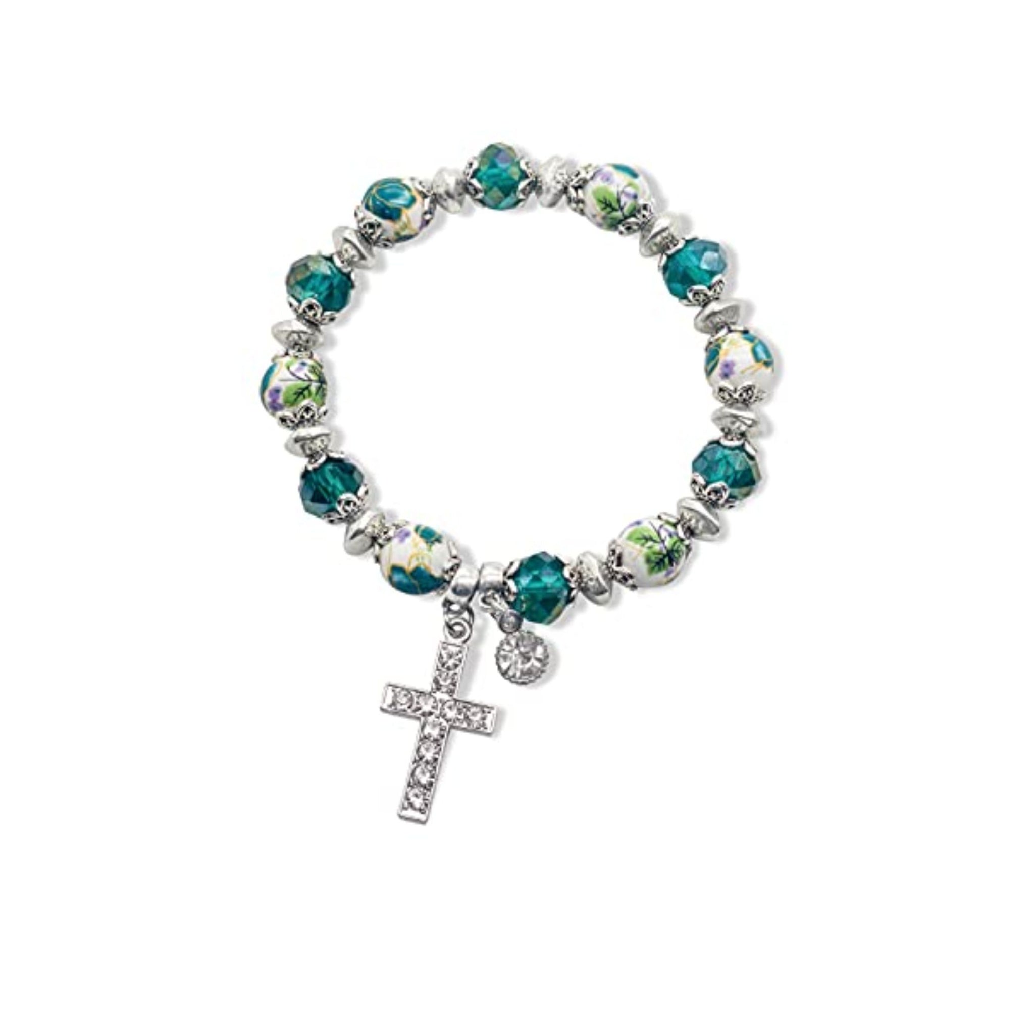 Green Crystals Cross Bracelet Christian Classic Beaded Bangle Nazareth Store