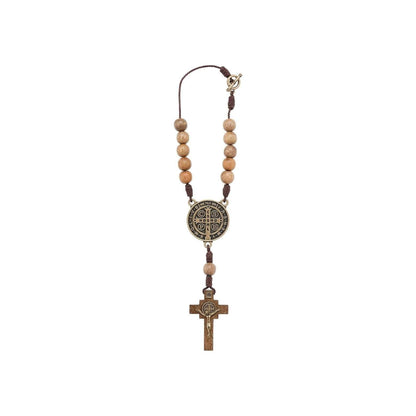 St. Benedict Car Rearview Mirror Rosary One Decade Protection Wood Beads Chaplet - Nazareth Store