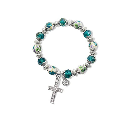 Green Crystals Rosary Beads Bracelet Christian Classic Beaded Bangle with Cross - Nazareth Store