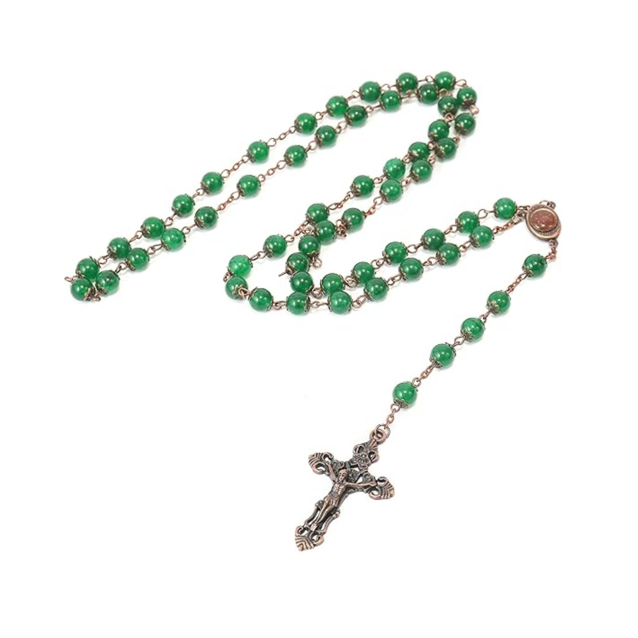 Green Jade Natural Stone Rosary Beads Necklace Holy Soil & Cross Crucifix - Nazareth Store