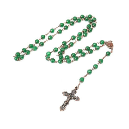 Green Jade Natural Stone Rosary Beads Necklace Holy Soil & Cross Crucifix - Nazareth Store
