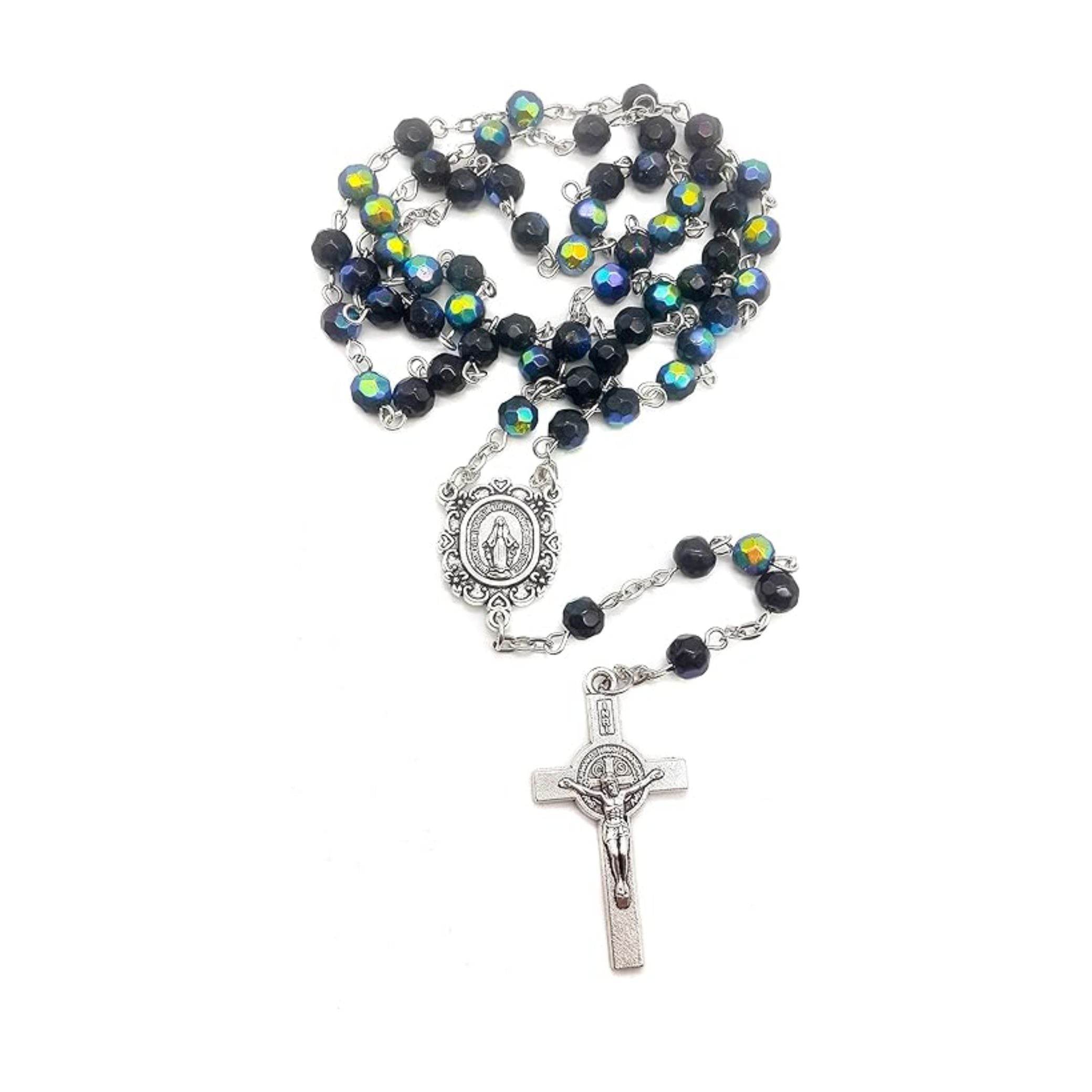Blue Crystal Beads Saint Benedict Rosary Necklace with Miraculous Medal and Cross - Nazareth Store