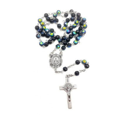 Blue Crystal Beads Saint Benedict Rosary Necklace with Miraculous Medal and Cross - Nazareth Store