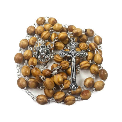 Olive Wood Beads Rosary Prayer Beaded Necklace Holy Soil Medal & Jesus Cross Crucifix