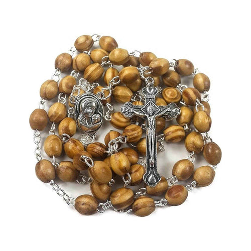 Olive Wood Rosary Necklace with Holy Land Medal & Metal Cross – Velvet Gift Bag