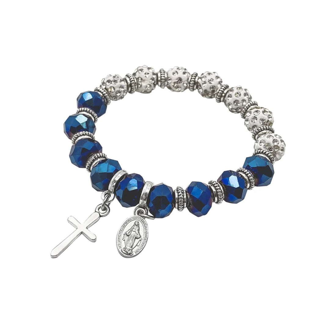 Deep Blue Crystal Beads Stretch Rosary Bracelet Crucifix & Miraculous Medal Nazareth Store