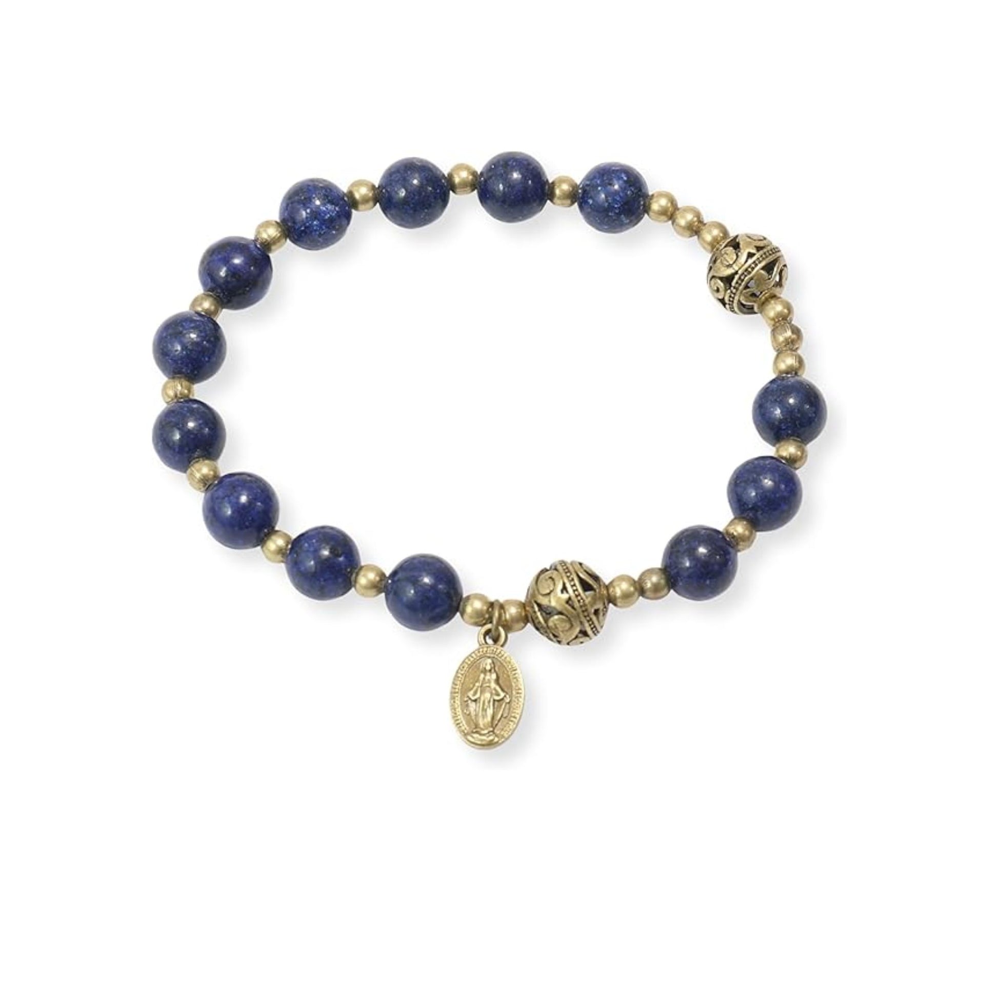 Lapis Lazuli Stone Beads Rosary Bracelet with Metal Separators and Catholic Miraculous Medal Nazareth Store