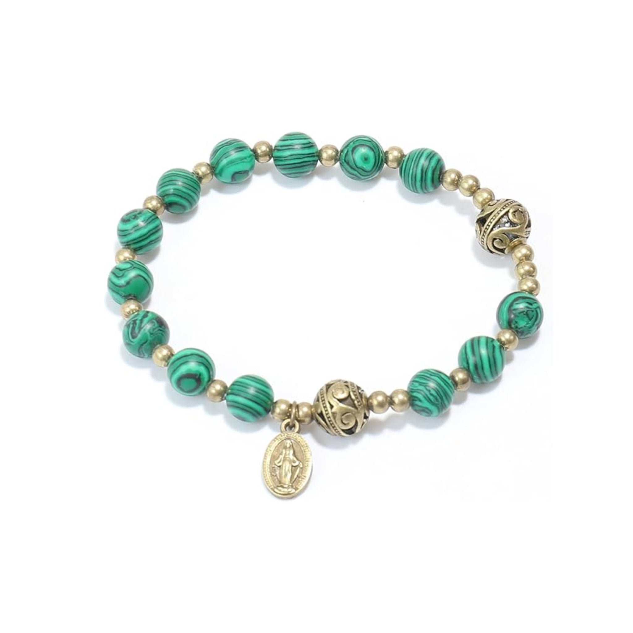 Malachite Stone Beads Rosary Bracelet with Metal Separators and Catholic Miraculous Medal Nazareth Store