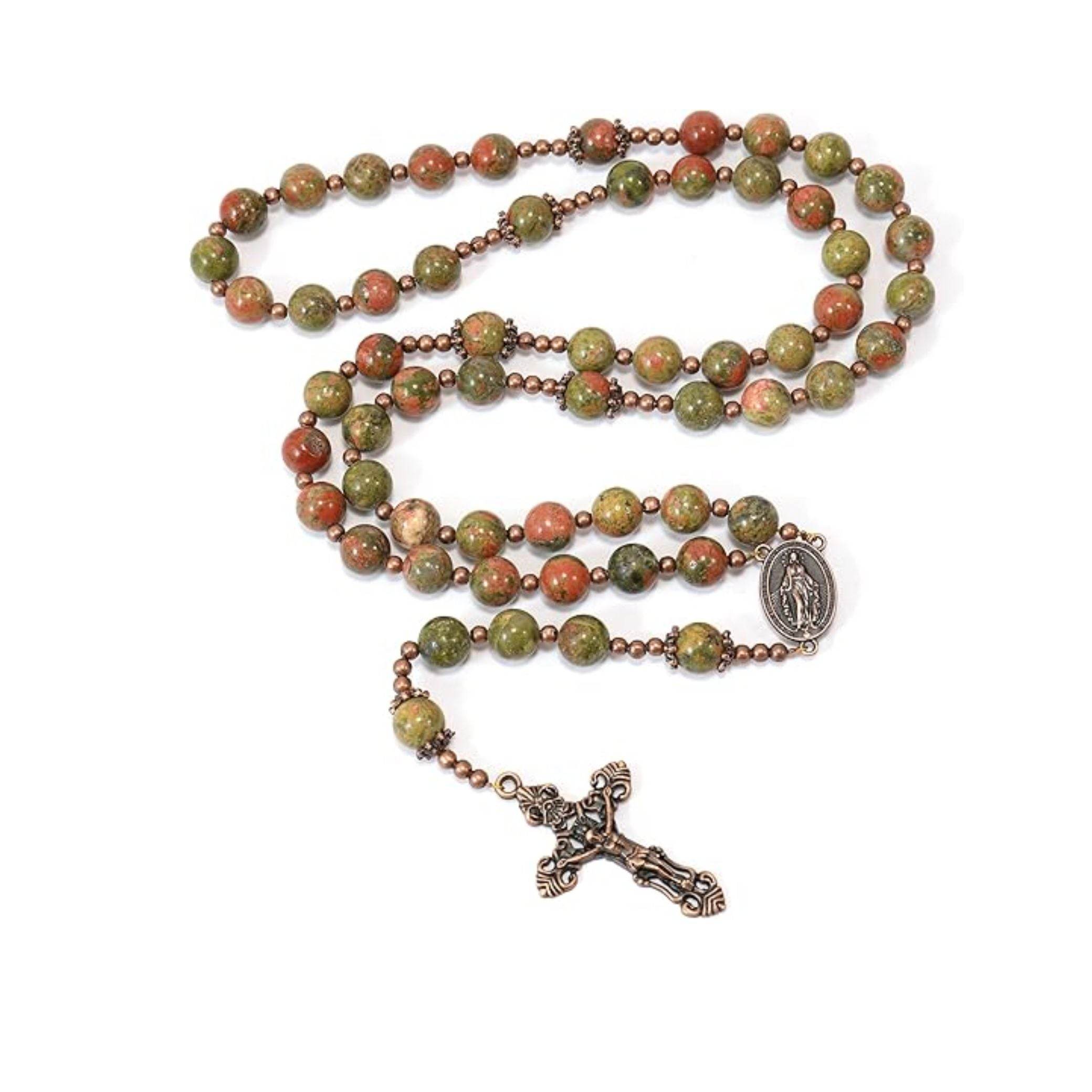Natural Agate Green Flower Beads Rosary Necklace with Red Miraculous Medal with Cross - Nazareth Store