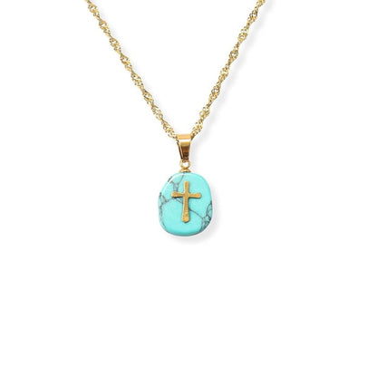 Natural Blue Sapphire Stone Cross Pendant Stainless Steel Clavicle Chain Necklace - Nazareth Store