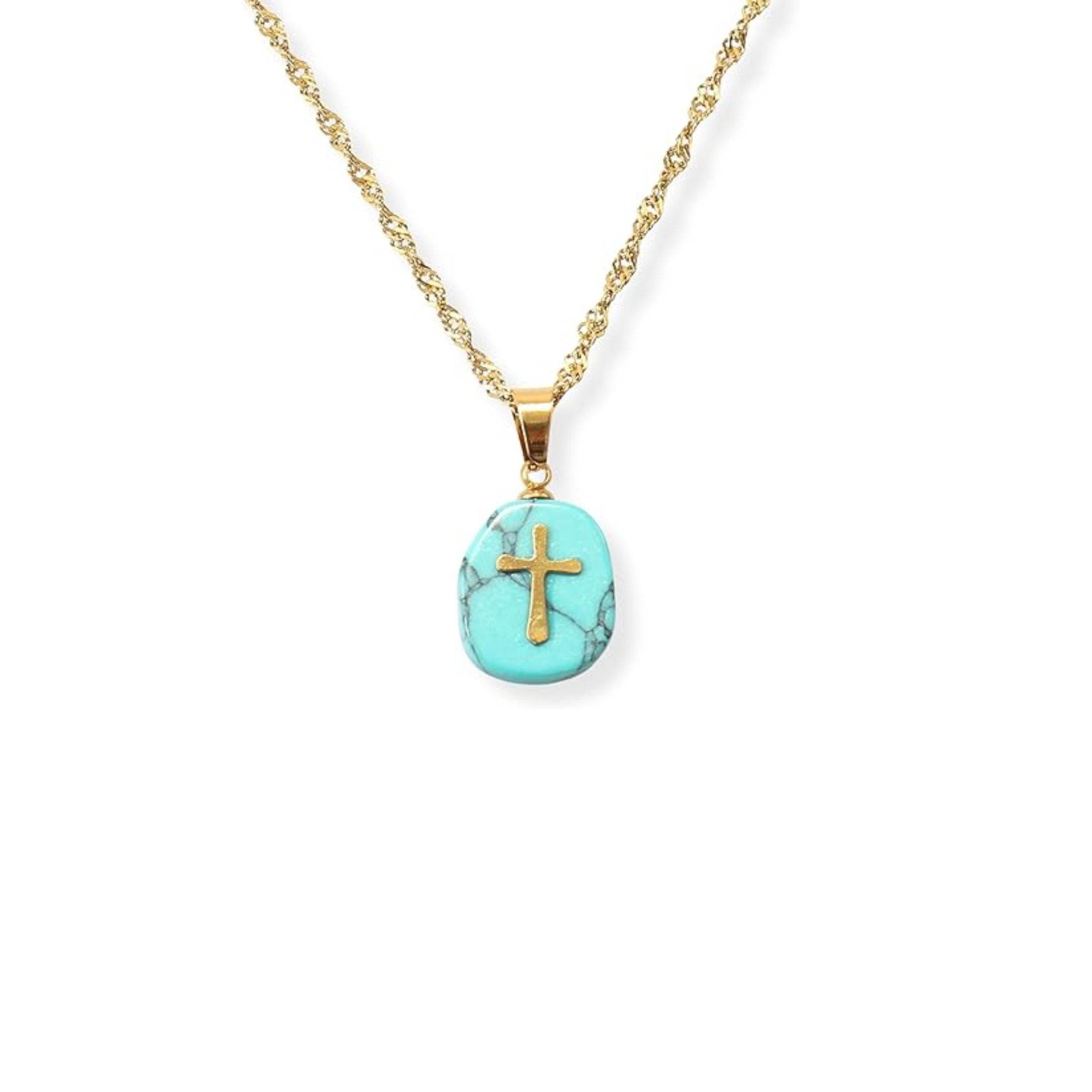 Natural Blue Sapphire Stone Cross Pendant Stainless Steel Clavicle Chain Necklace - Nazareth Store