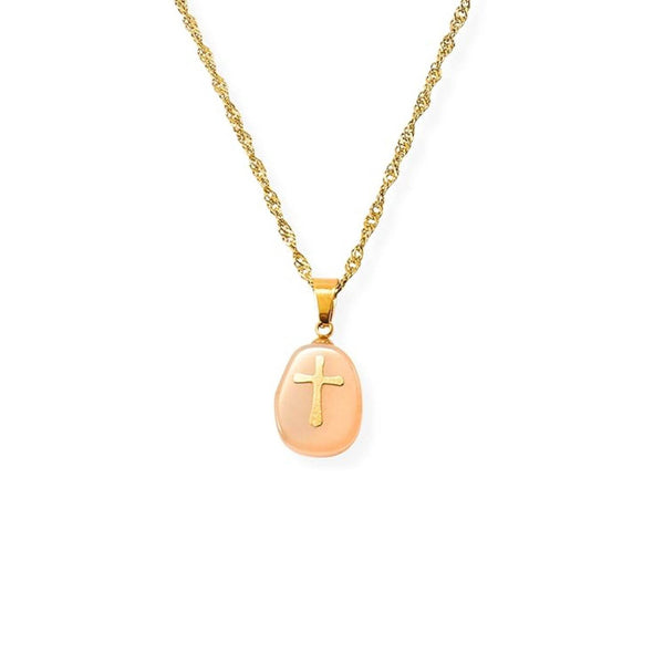 Natural Orange Aventurine Stone Cross Pendant Stainless Steel Clavicle Chain Necklace - Nazareth Store