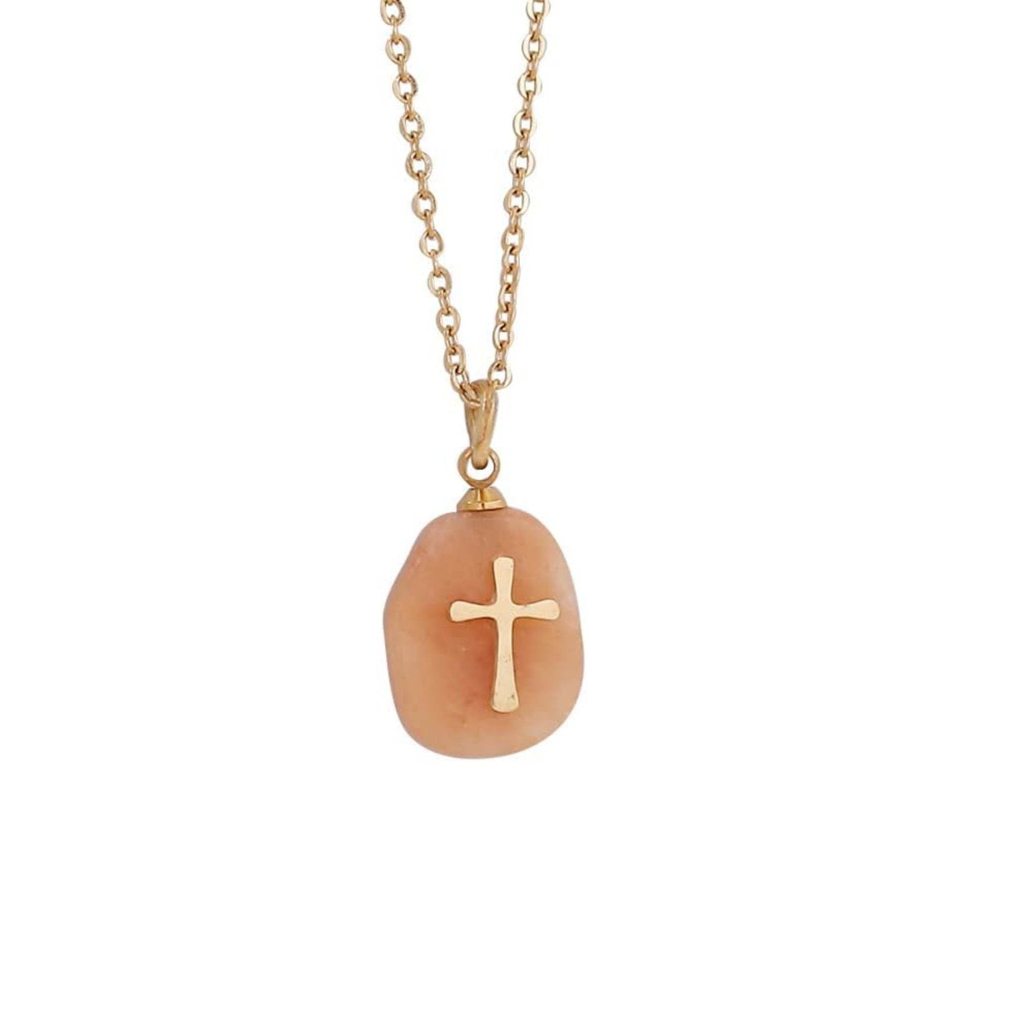 Natural Orange Aventurine Stone Cross Pendant Stainless Steel Clavicle Chain Necklace - Nazareth Store