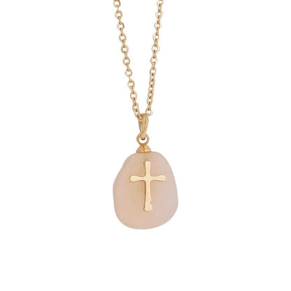 Stainless Steel Christian Clavicle Chain Necklace & Natural White Moonstone Cross Pendant - Nazareth Store